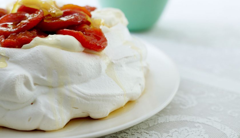 Vanilla Pavlova with Poached Apricots & Lemon Recipe