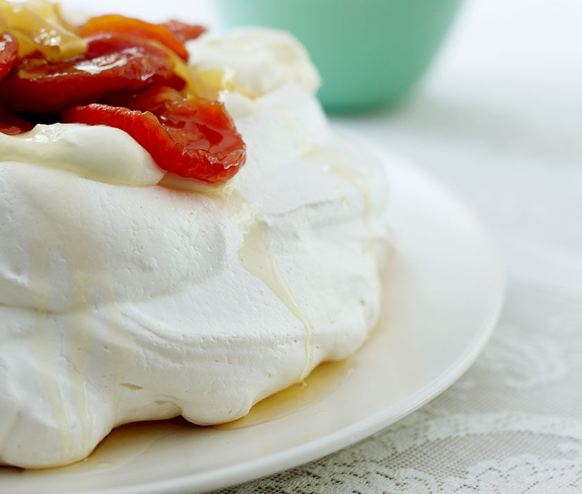 Vanilla Pavlova with Poached Apricots & Lemon Recipe
